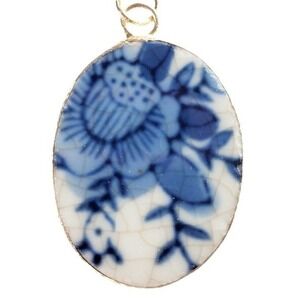 Ming Dynasty Style Delft Blue & White Rose Porcelain Pottery Shard Pendant Oval